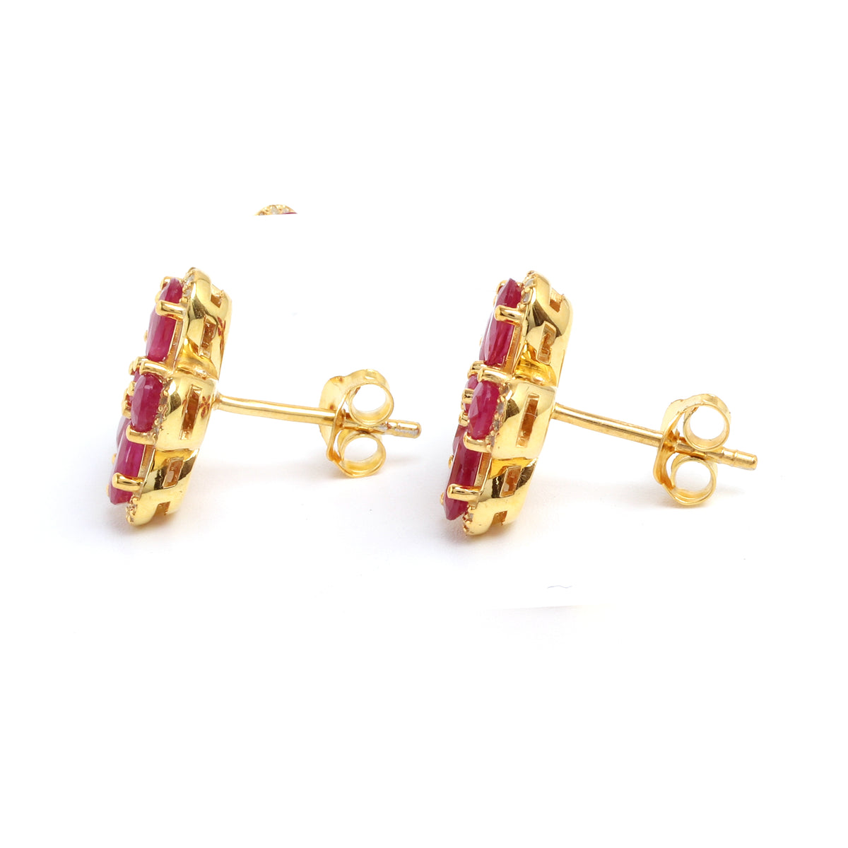 Ruby & White Sapphire Halo Stud Earrings in 18K Gold-Plated Sterling Silver
