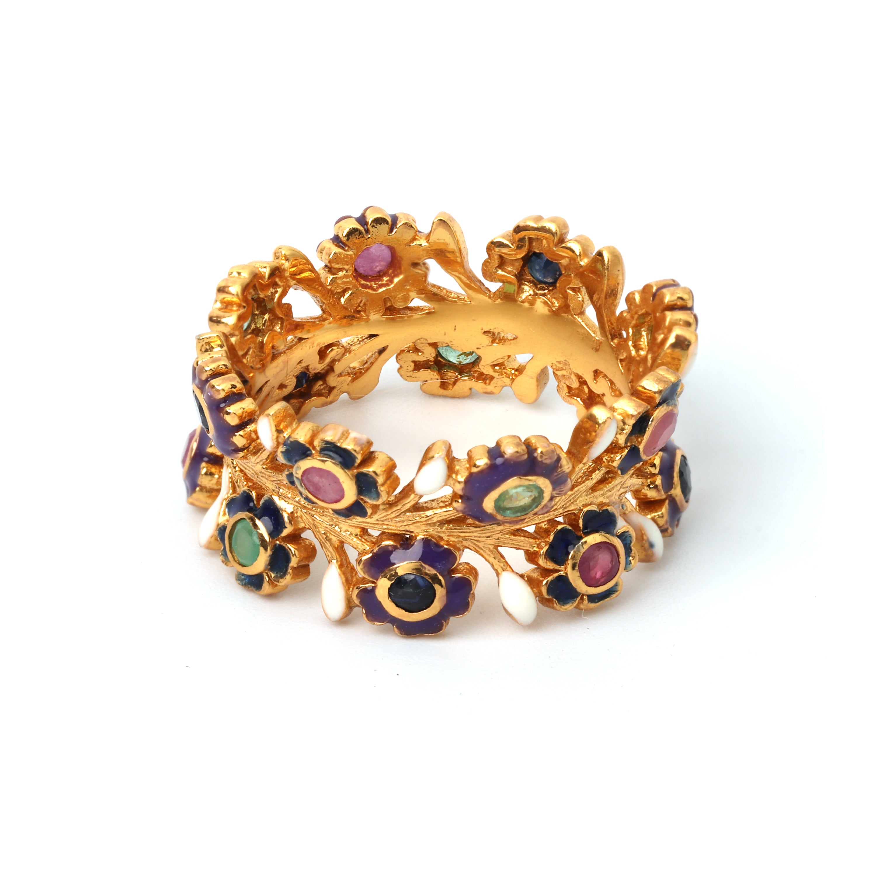 Gold plated multi gem floral ring in 925 sterling silver