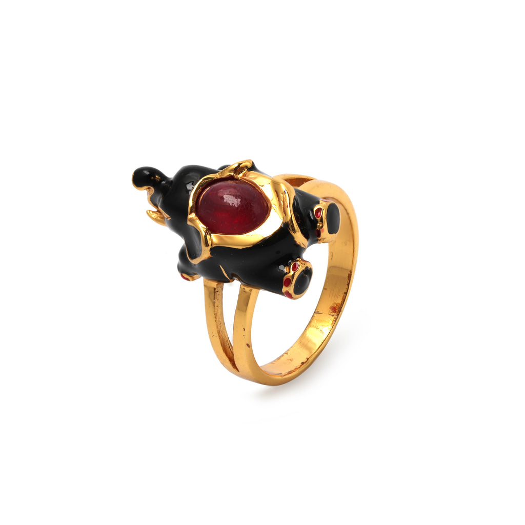 Luxury gold plated elephant ring with ruby gemstone accent