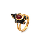 Luxury gold plated elephant ring with ruby gemstone accent