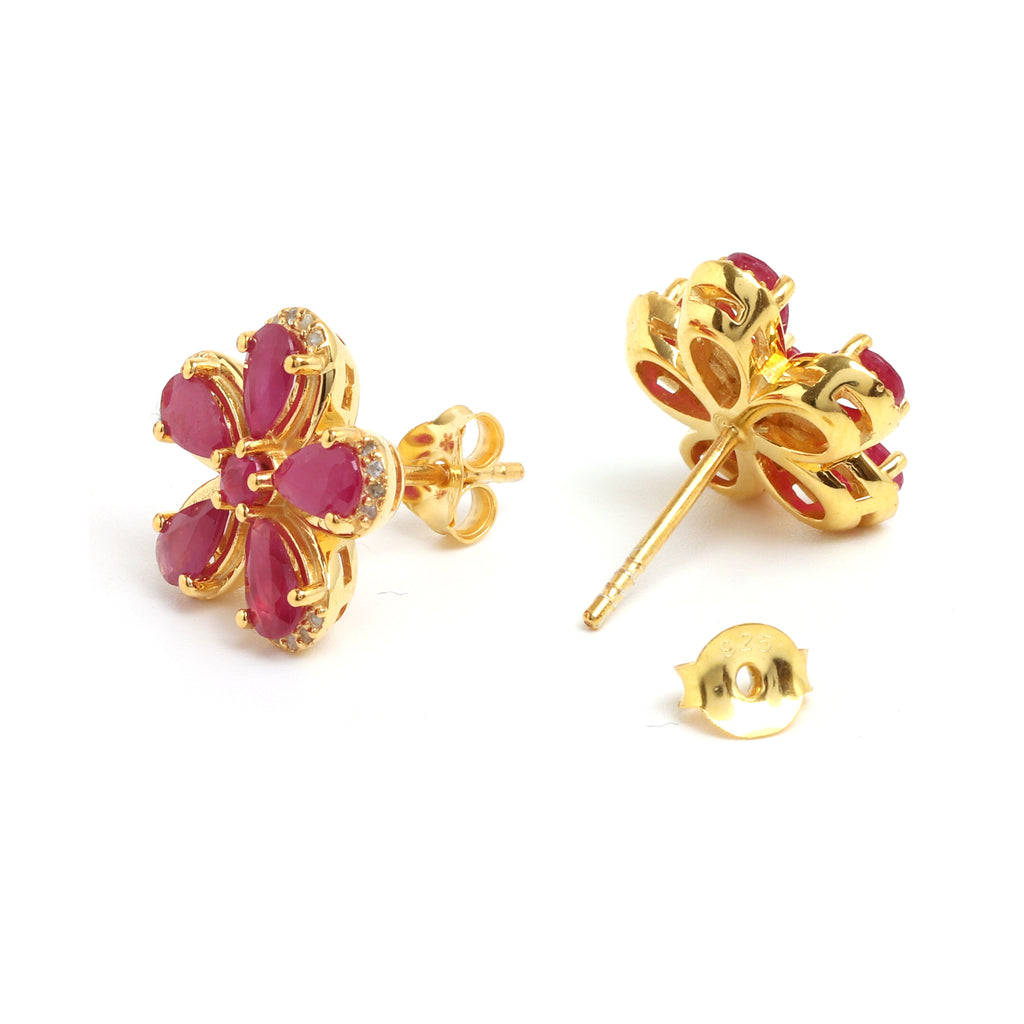 Ruby & White Sapphire Halo Stud Earrings in 18K Gold-Plated Sterling Silver
