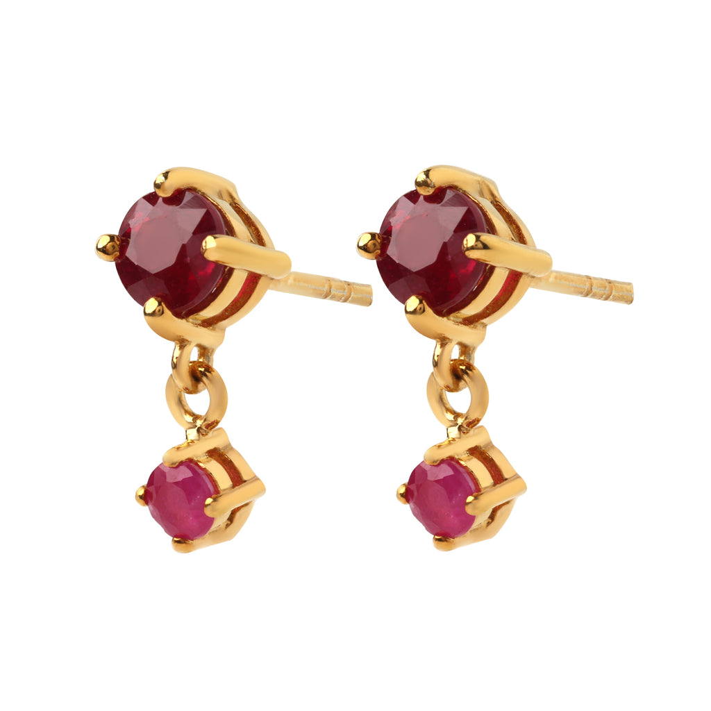 Prong setting and polished gold finish on 925 sterling silver ruby drop earrings