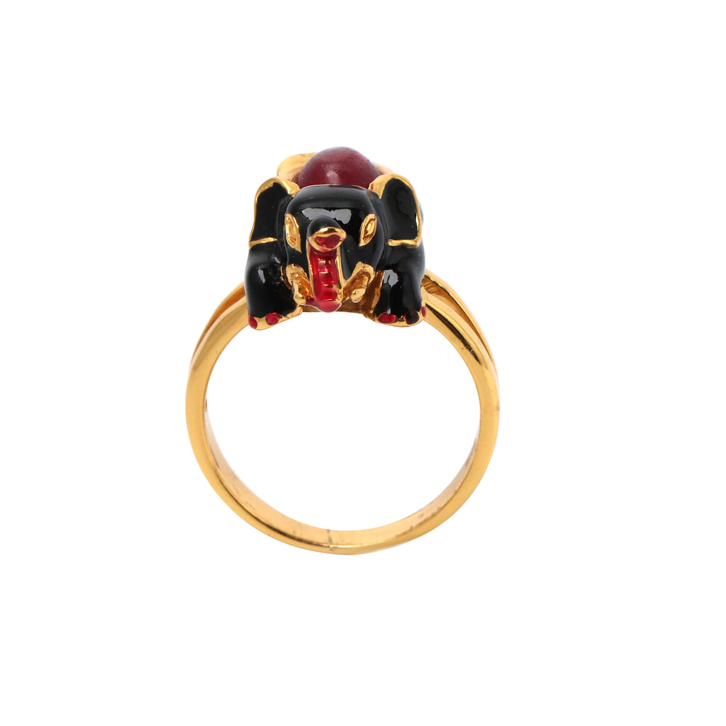 Handcrafted ruby elephant statement ring featuring a sculpted design