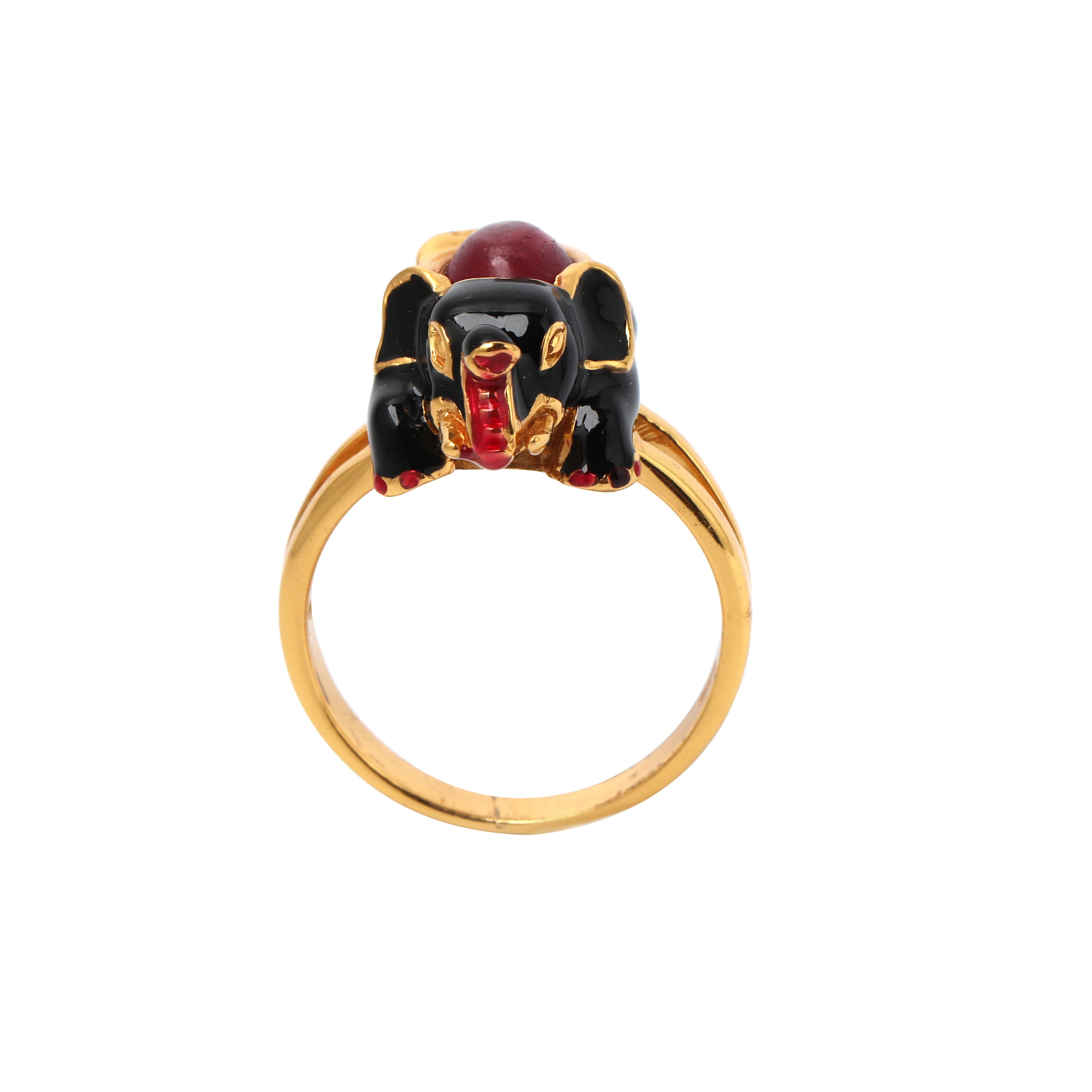 Handcrafted ruby elephant statement ring featuring a sculpted design
