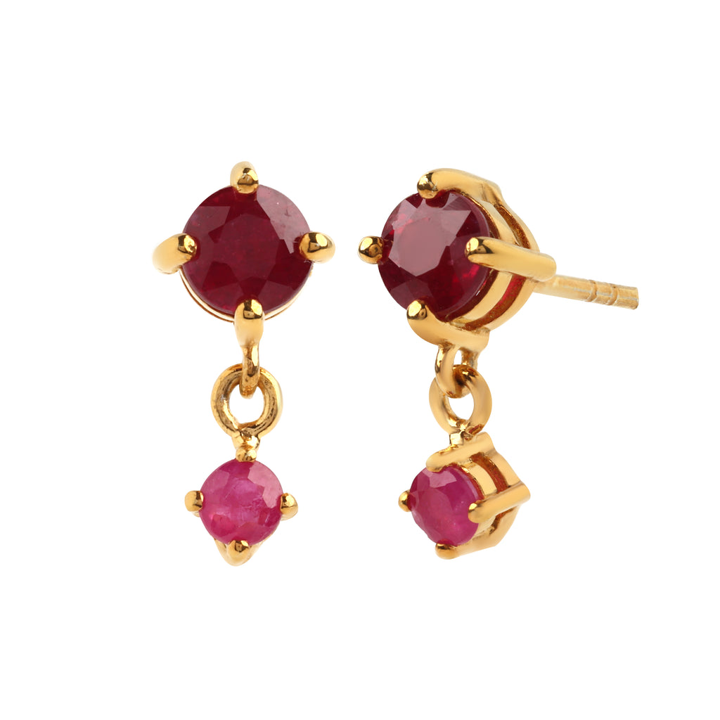 925 sterling silver ruby drop earrings with prong-set round rubies and gold finish by Jewelry by Crimson
