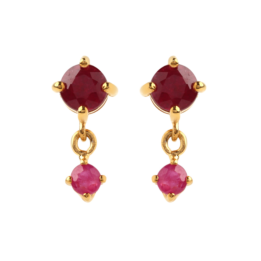925 sterling silver ruby drop earrings with prong-set round rubies and gold finish by Jewelry by Crimson