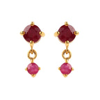 Gold drop earrings with faceted red gemstones, elegant dangle design for women
