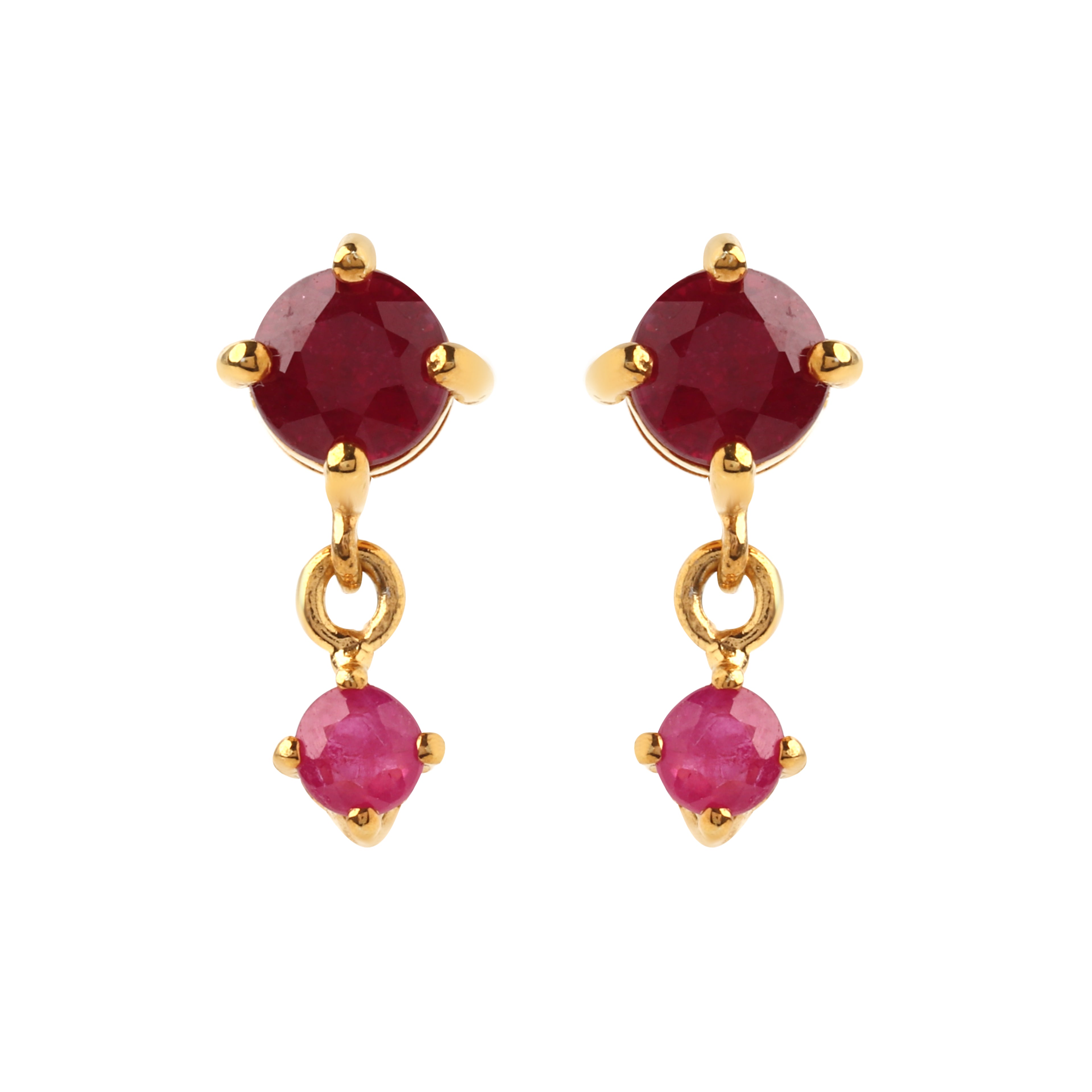 925 sterling silver ruby drop earrings with prong-set round rubies and gold finish by Jewelry by Crimson