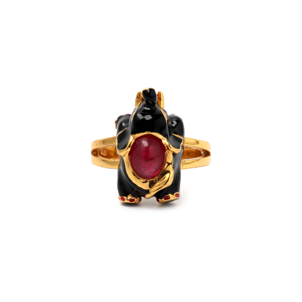 Gold plated ruby elephant ring in 925 sterling silver with black enamel detail
