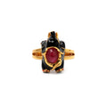 Gold plated ruby elephant ring in 925 sterling silver with black enamel detail
