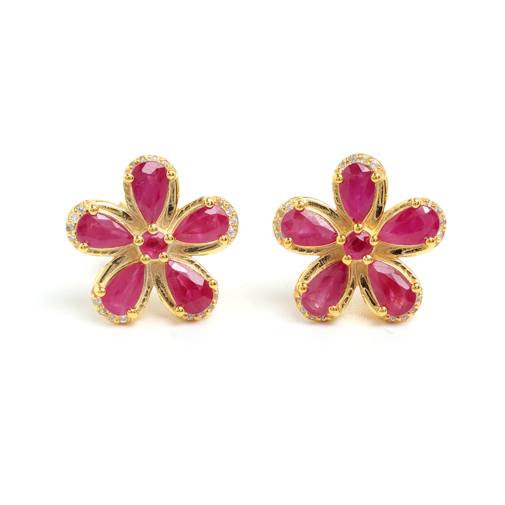 Ruby & White Sapphire Halo Stud Earrings in 18K Gold-Plated Sterling Silver
