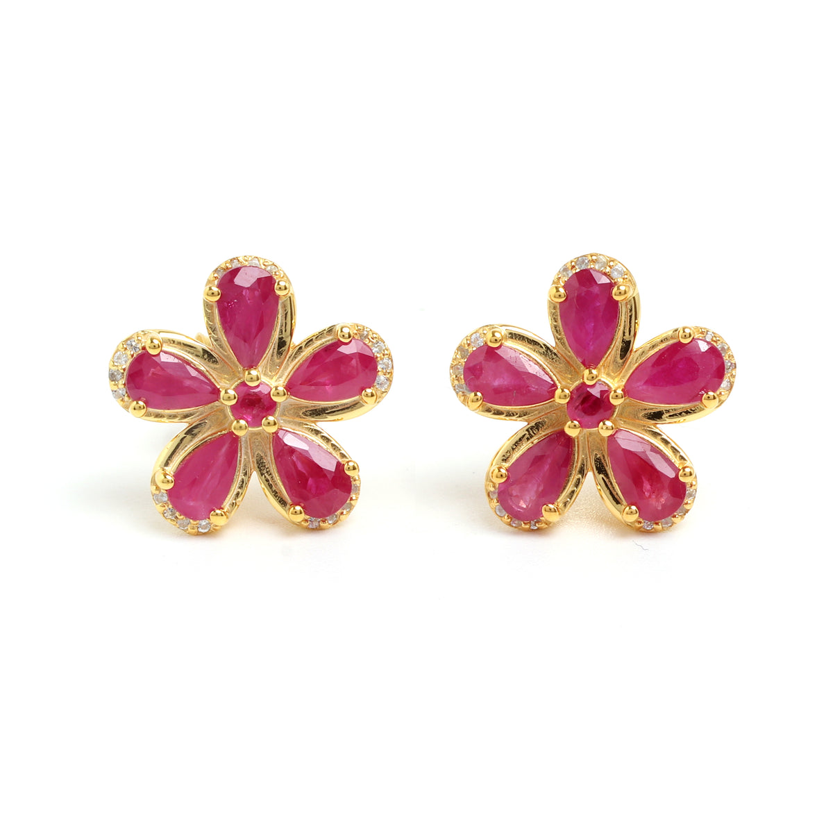 Ruby & White Sapphire Halo Stud Earrings in 18K Gold-Plated Sterling Silver