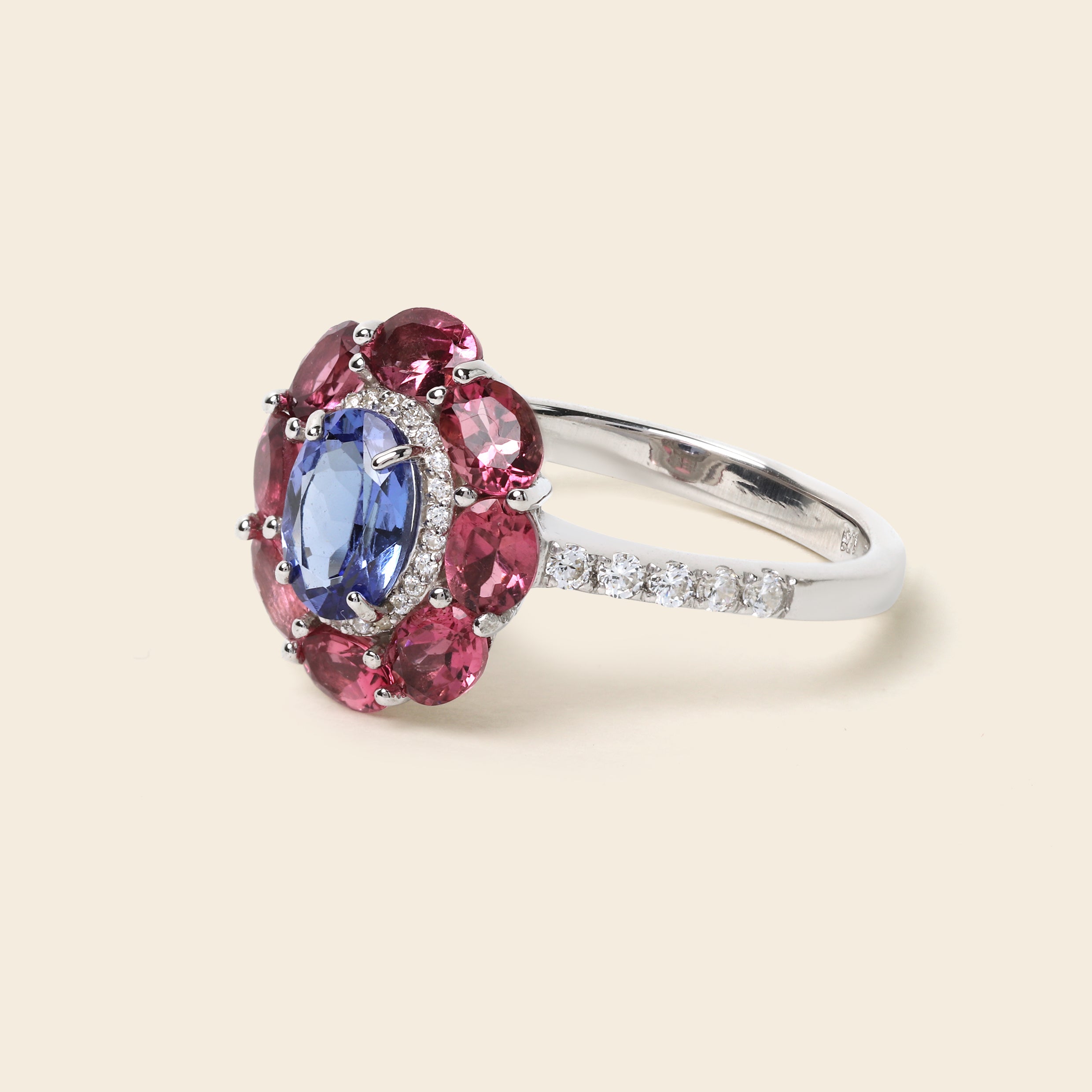 Tanzanite & Pink Tourmaline Floral Ring in 925 Sterling Silver