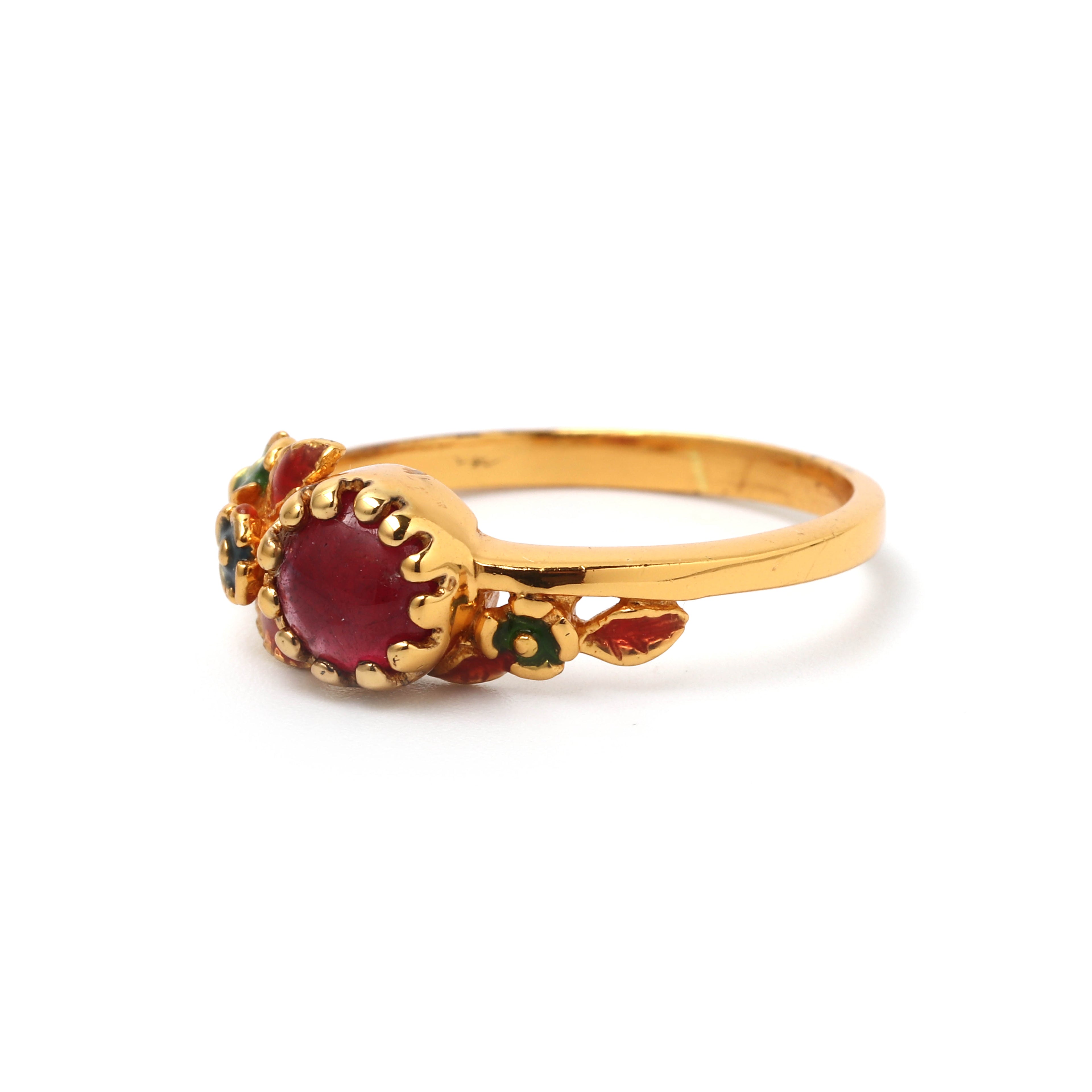 Elegant ruby gemstone ring with floral design and gold plated finish