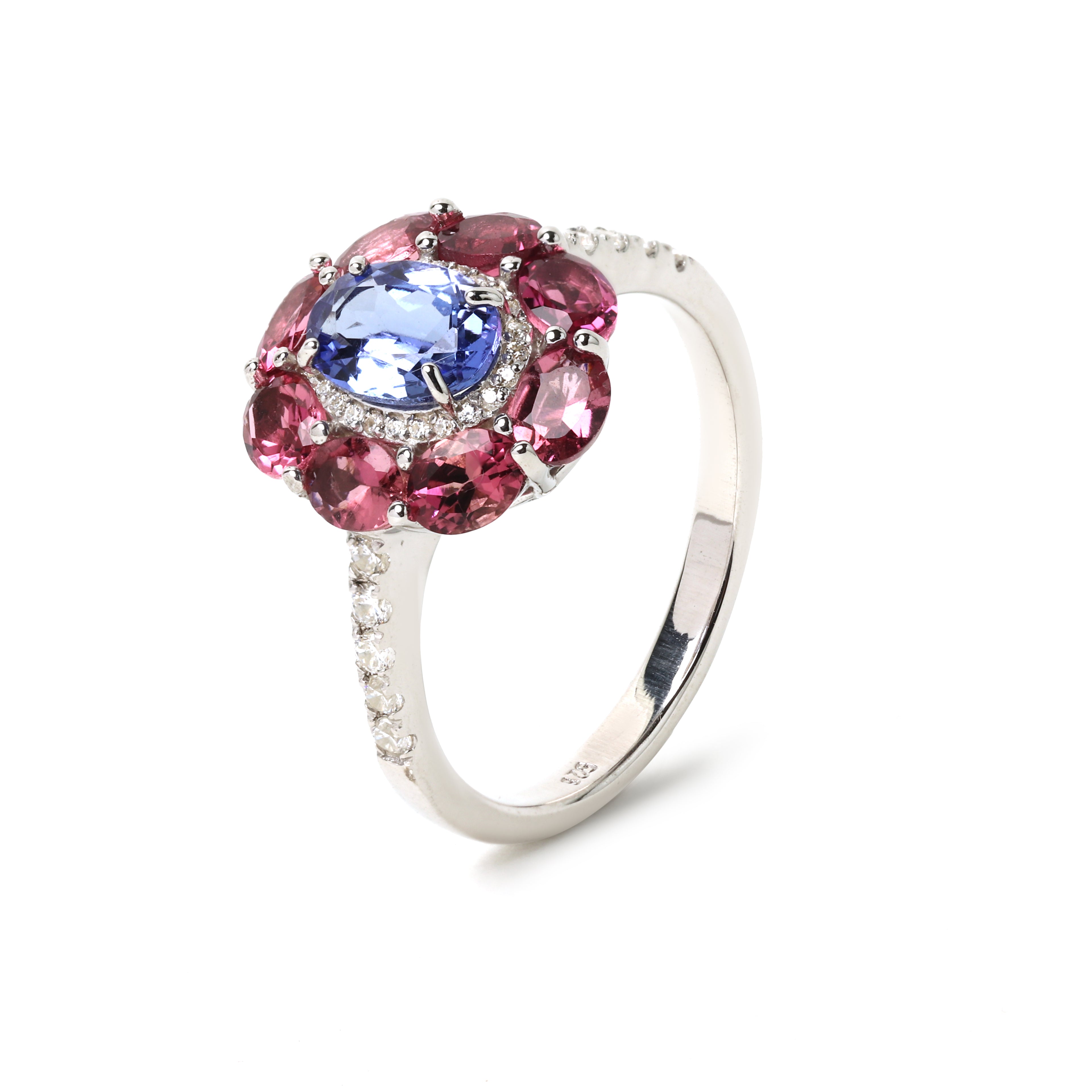 Elegant blue tanzanite ring with pink tourmaline gemstone halo
