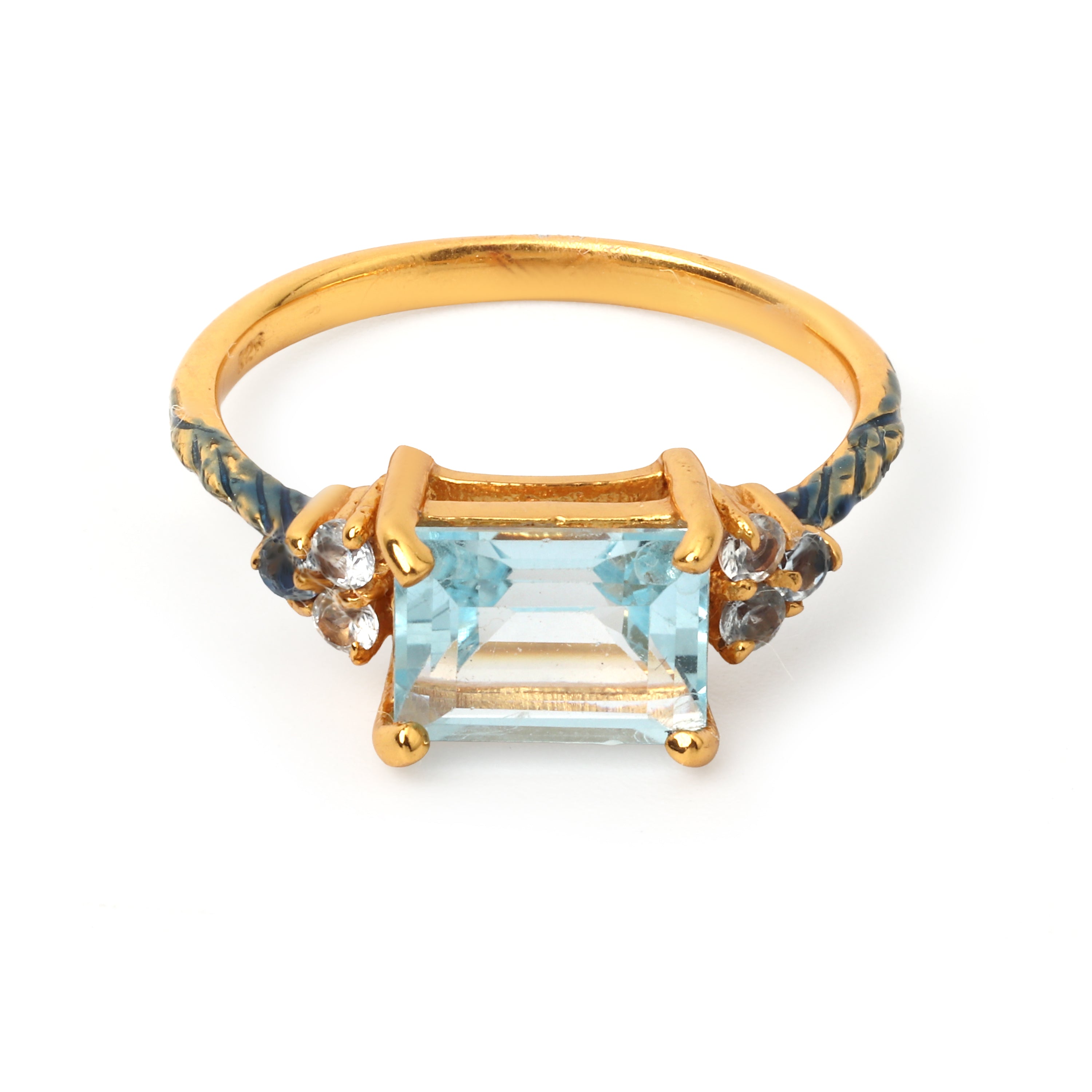 Gold plated blue topaz ring in 925 sterling silver with emerald cut gemstone