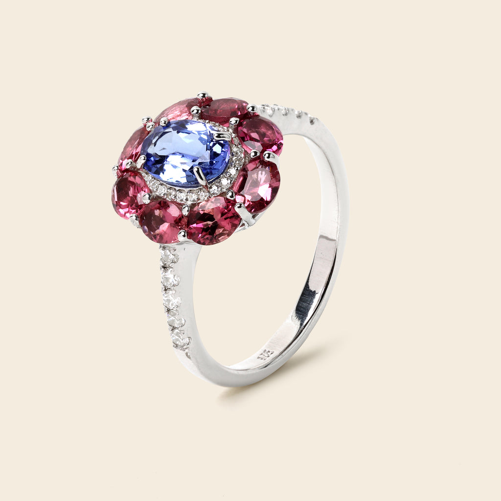Tanzanite & Pink Tourmaline Floral Ring in 925 Sterling Silver