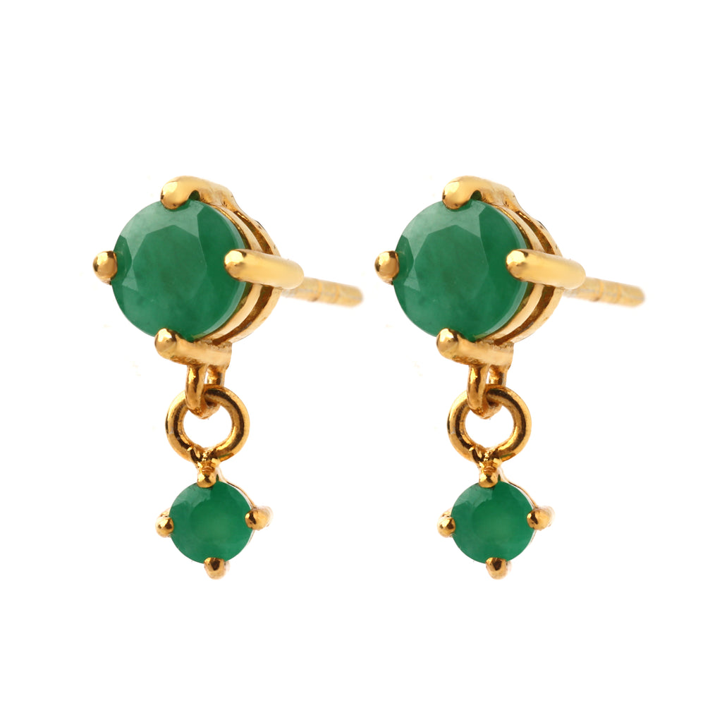 Emerald dangle stud earrings in 925 sterling silver showing lightweight drop design and polished gold tone