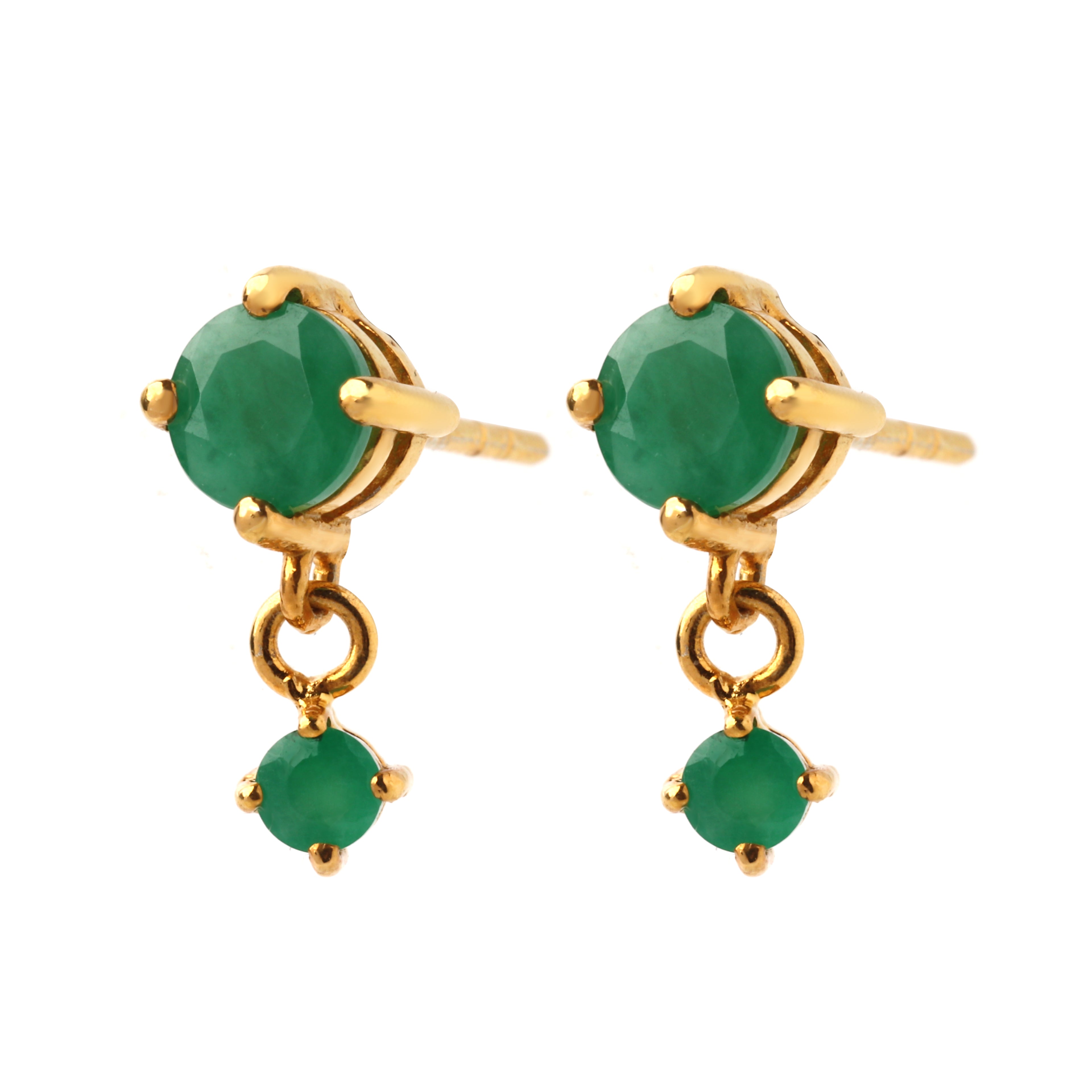 Emerald dangle stud earrings in 925 sterling silver showing lightweight drop design and polished gold tone