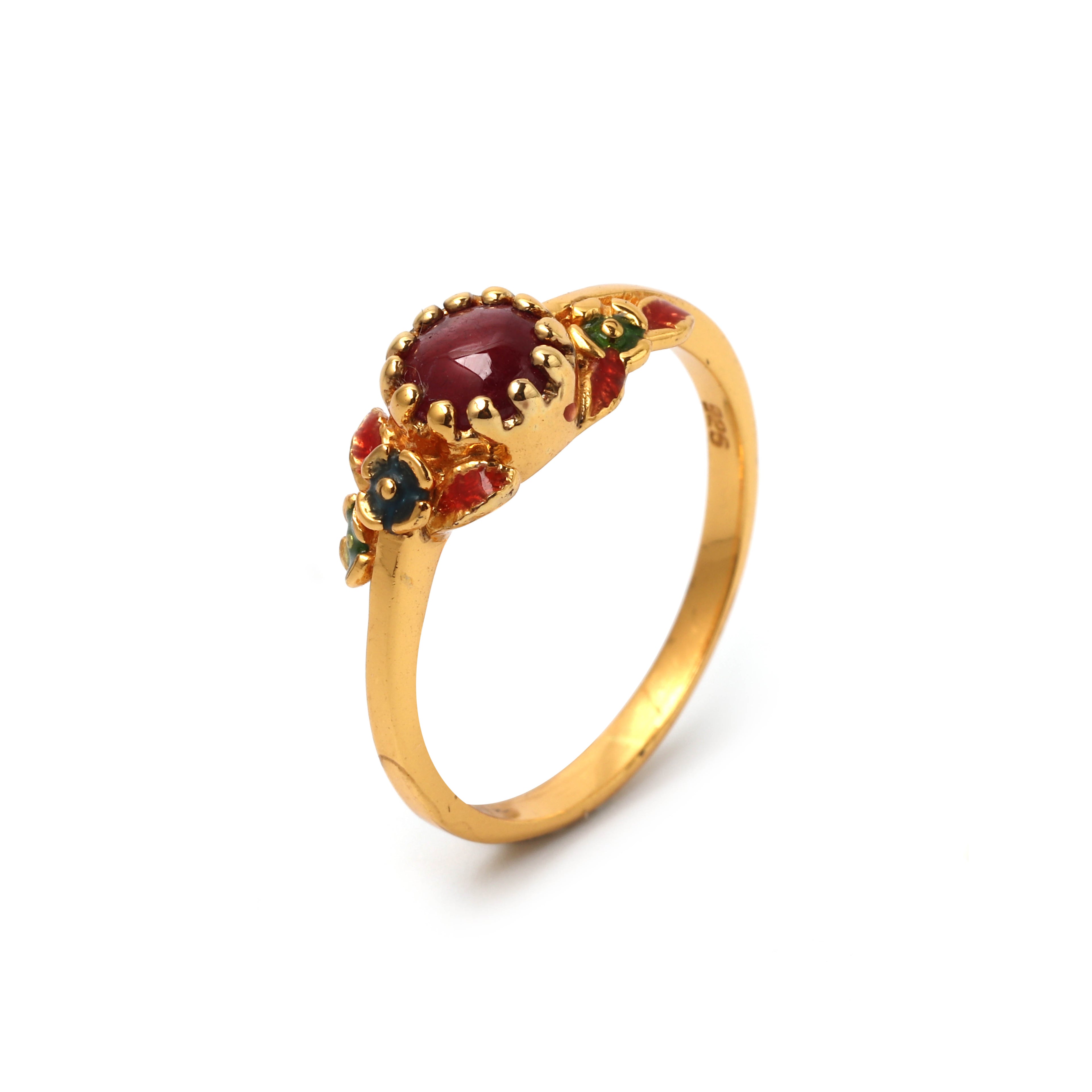 Handcrafted ruby flower ring featuring artisan botanical detailing