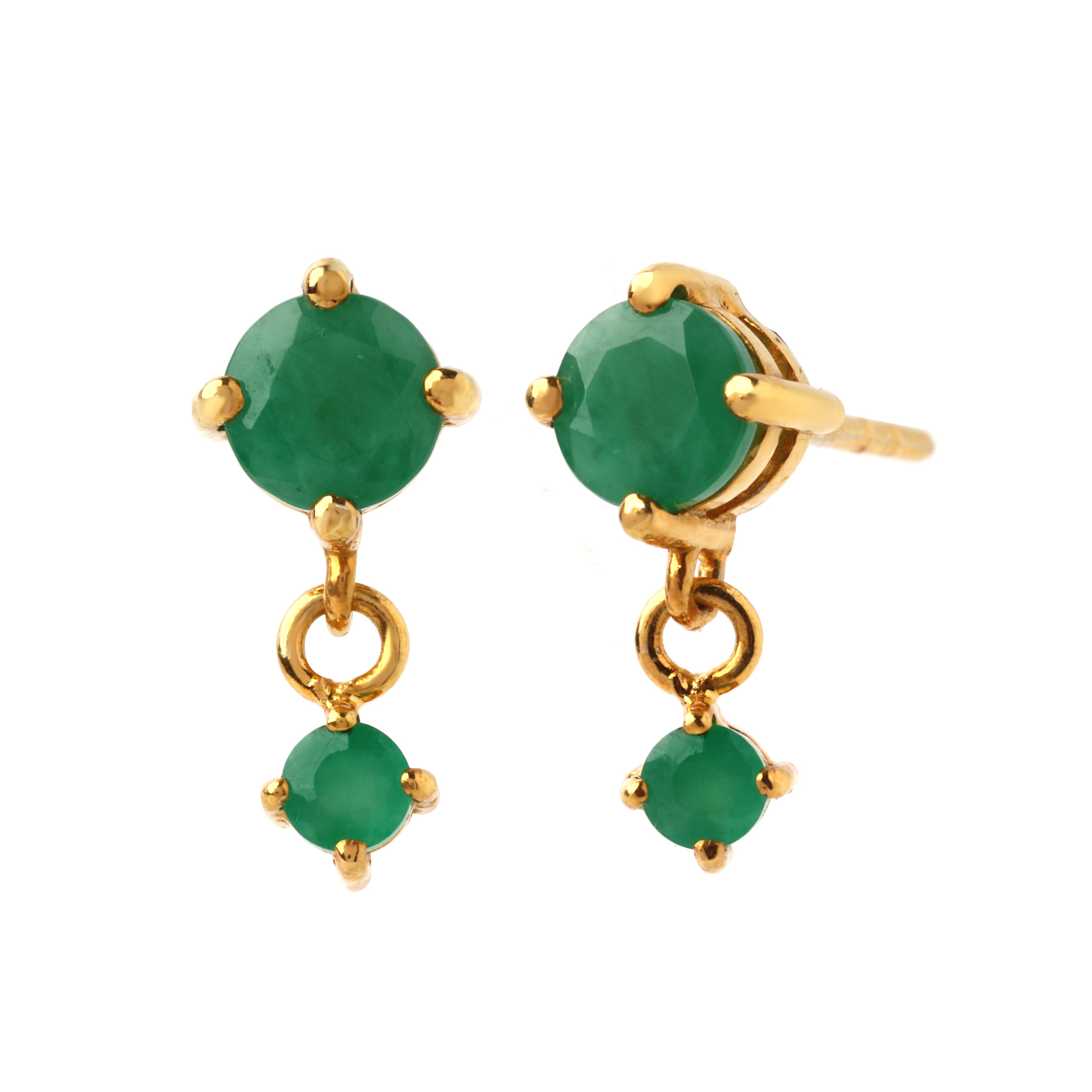 Close-up of emerald drop earrings in 925 sterling silver with gold finish, prong-set stones by Jewelry by Crimson