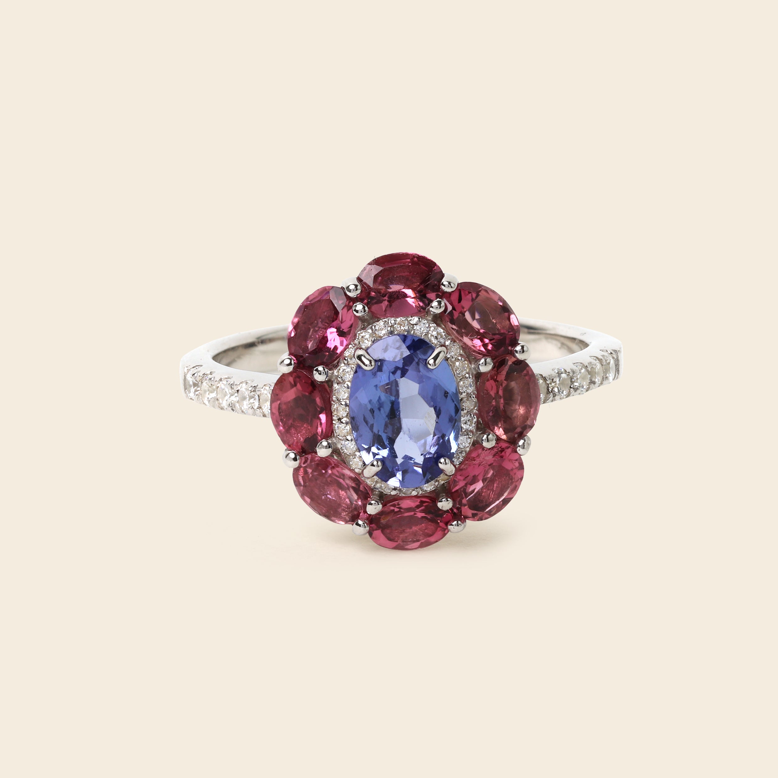 Tanzanite & Pink Tourmaline Floral Ring in 925 Sterling Silver