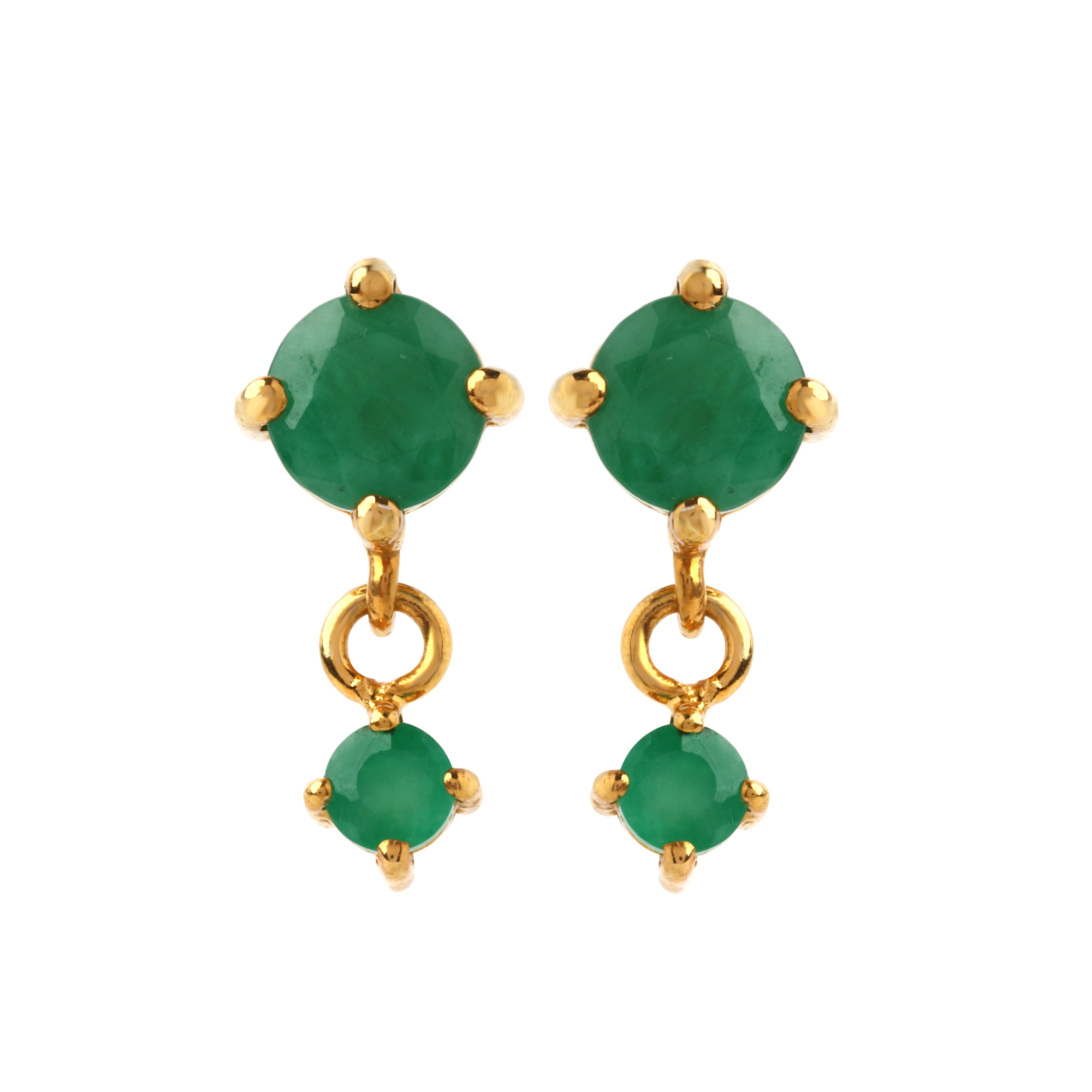 Close-up of emerald drop earrings in 925 sterling silver with gold finish, prong-set stones by Jewelry by Crimson