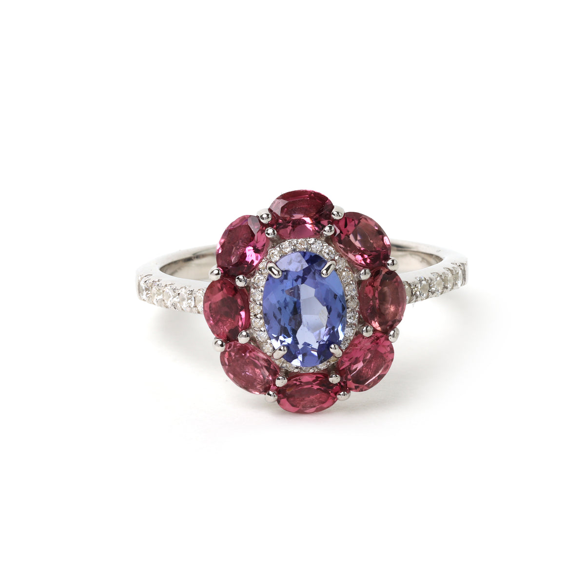 Tanzanite & Pink Tourmaline Halo Ring in 18K Gold