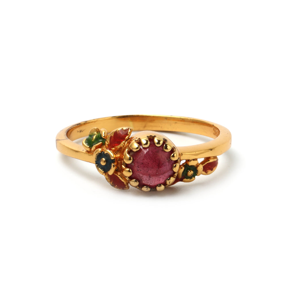 Gold plated ruby floral ring in 925 sterling silver with colorful enamel accents
