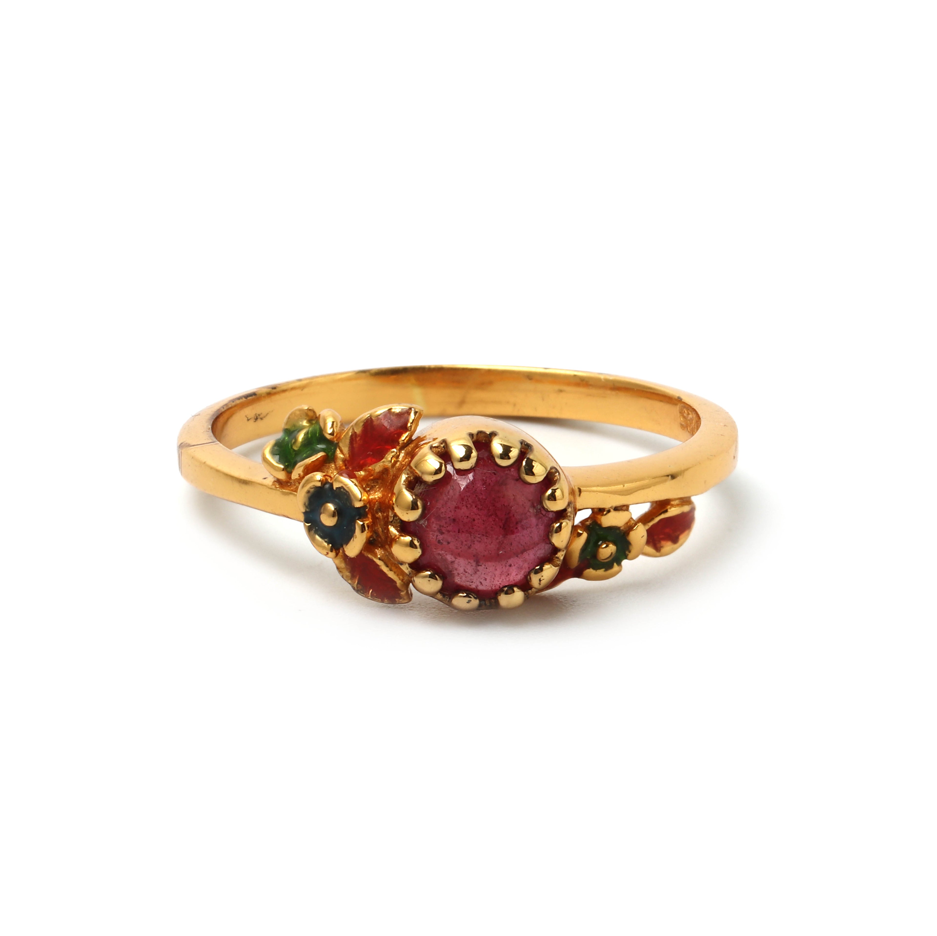 Gold plated ruby floral ring in 925 sterling silver with colorful enamel accents