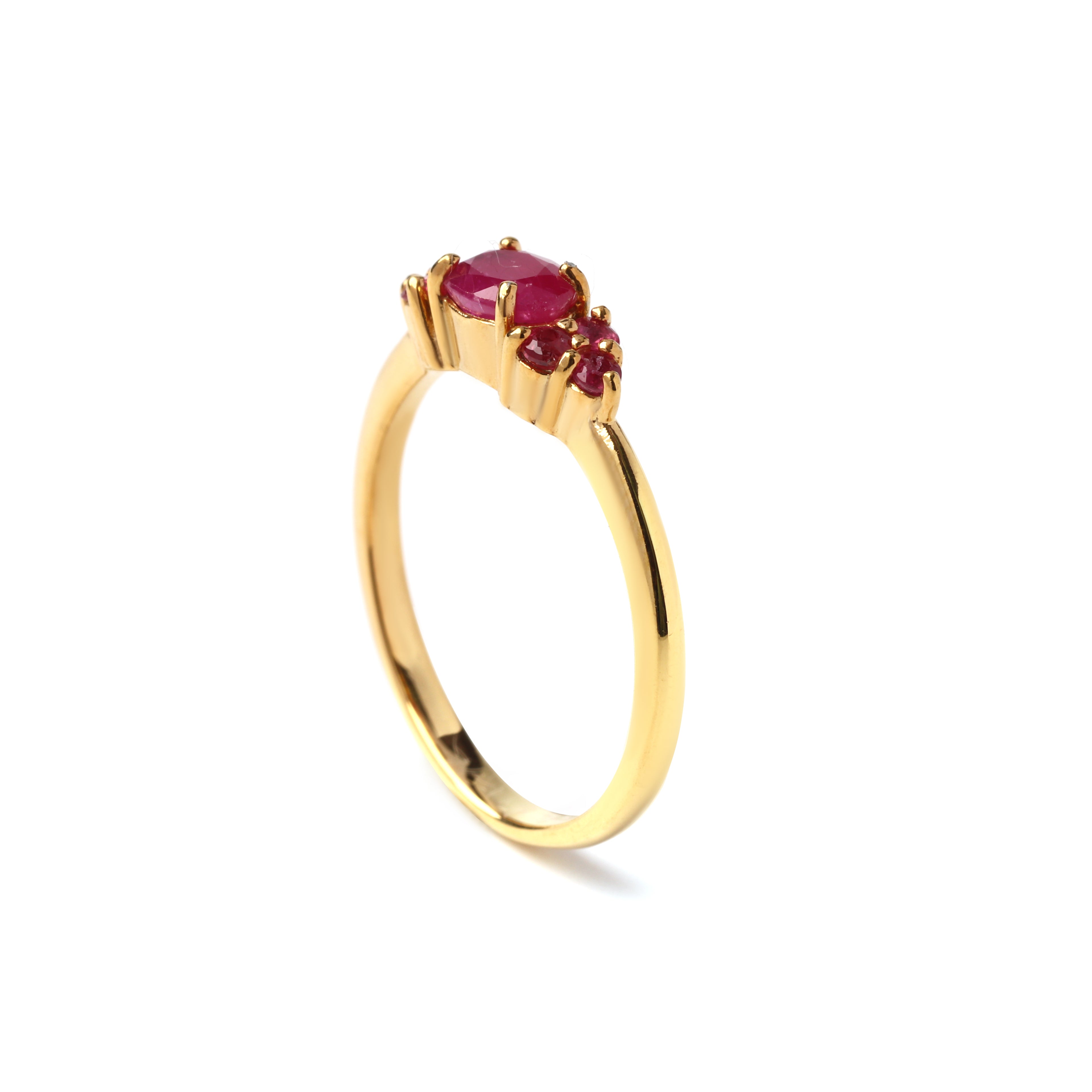 Slim ruby silver ring with floral cluster design, gold-plated finish, elegant everyday jewelry