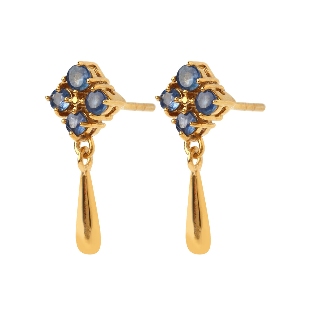 Side detail of sapphire silver earrings highlighting prong setting, polished gold finish, and drop design