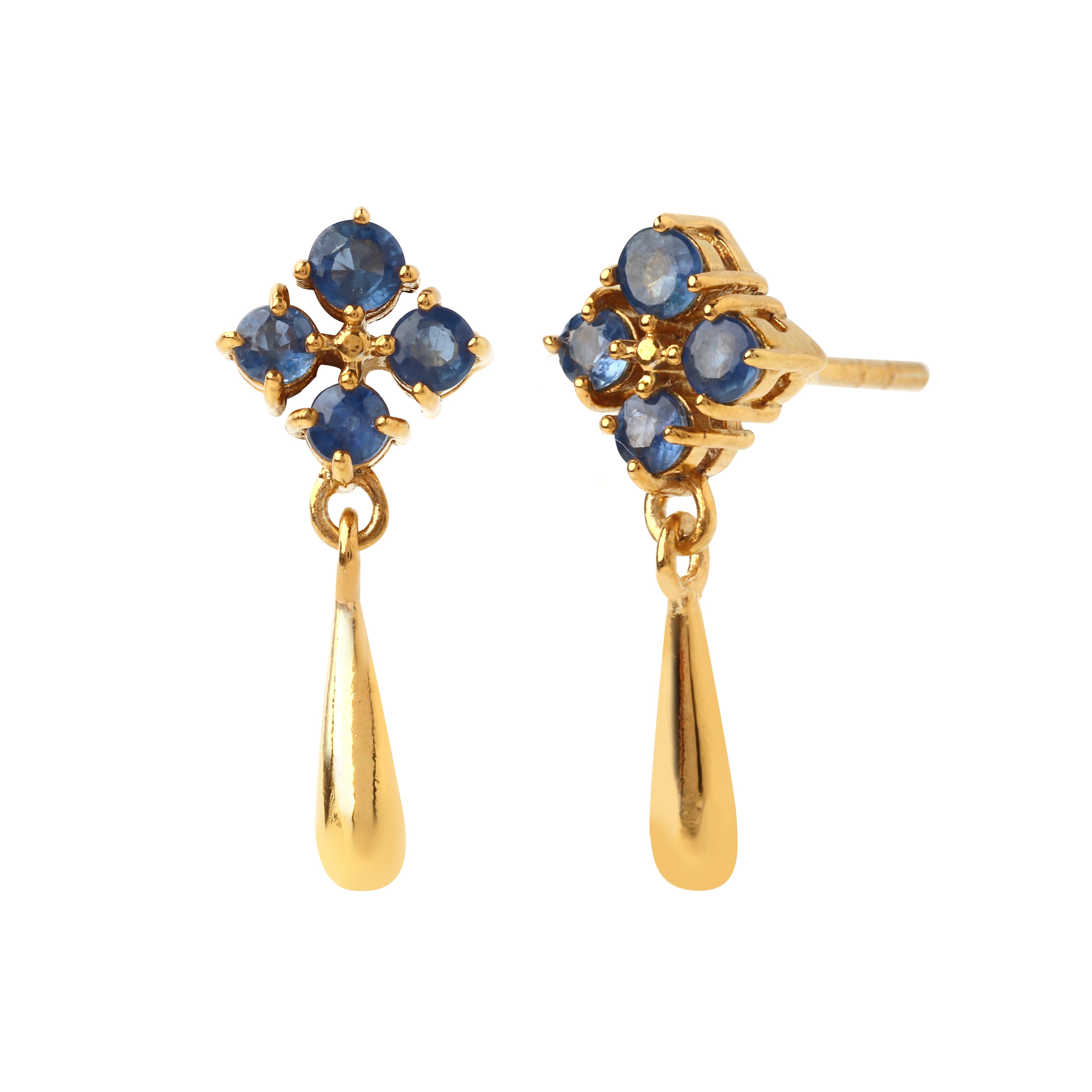 Front view sapphire drop earrings in 925 sterling silver showing clustered gemstone setting and elegant gold teardrop