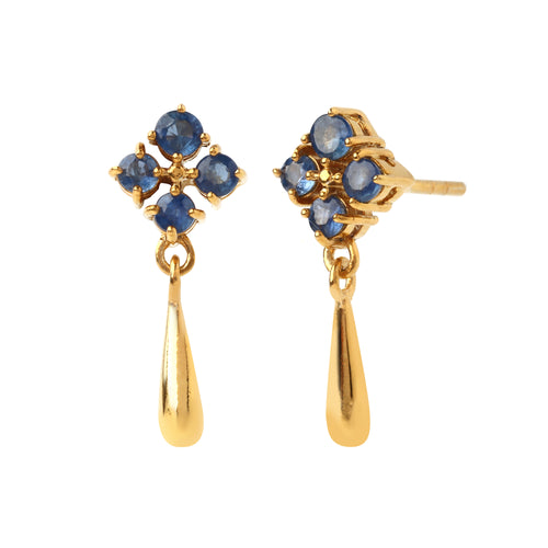Front view sapphire drop earrings in 925 sterling silver showing clustered gemstone setting and elegant gold teardrop