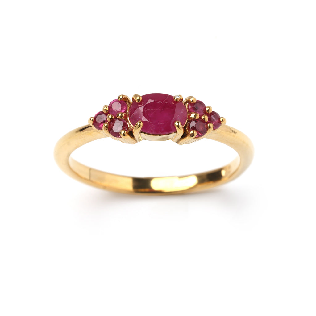 Bloom-inspired ruby cluster ring in sterling silver gold finish by Jewelry by Crimson