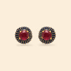 Ruby and sapphire stud earrings with gold accents, handcrafted gemstone jewelry