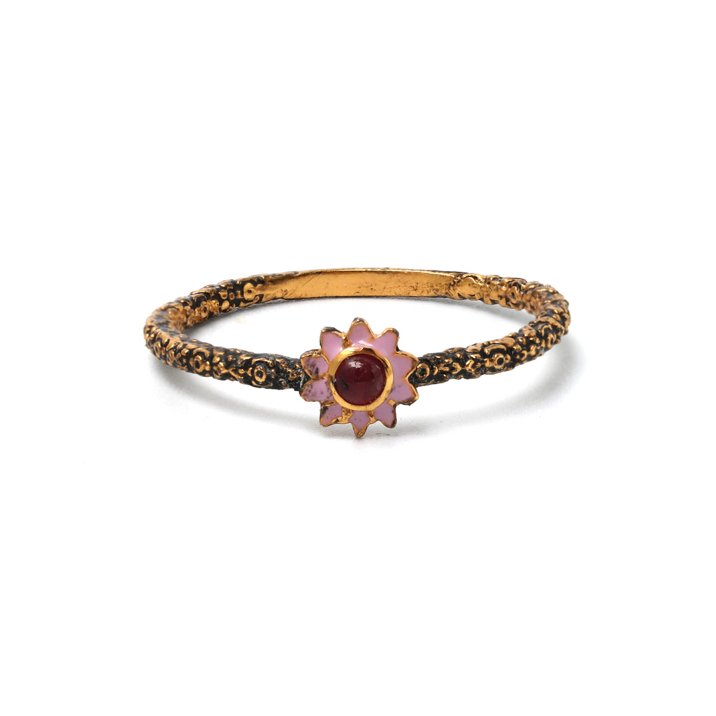 Gold plated ruby floral ring in 925 sterling silver with textured band