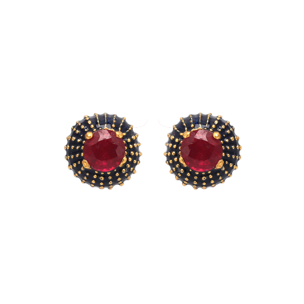 Ruby stud earrings in 14K gold plated sterling silver with black enamel detailing