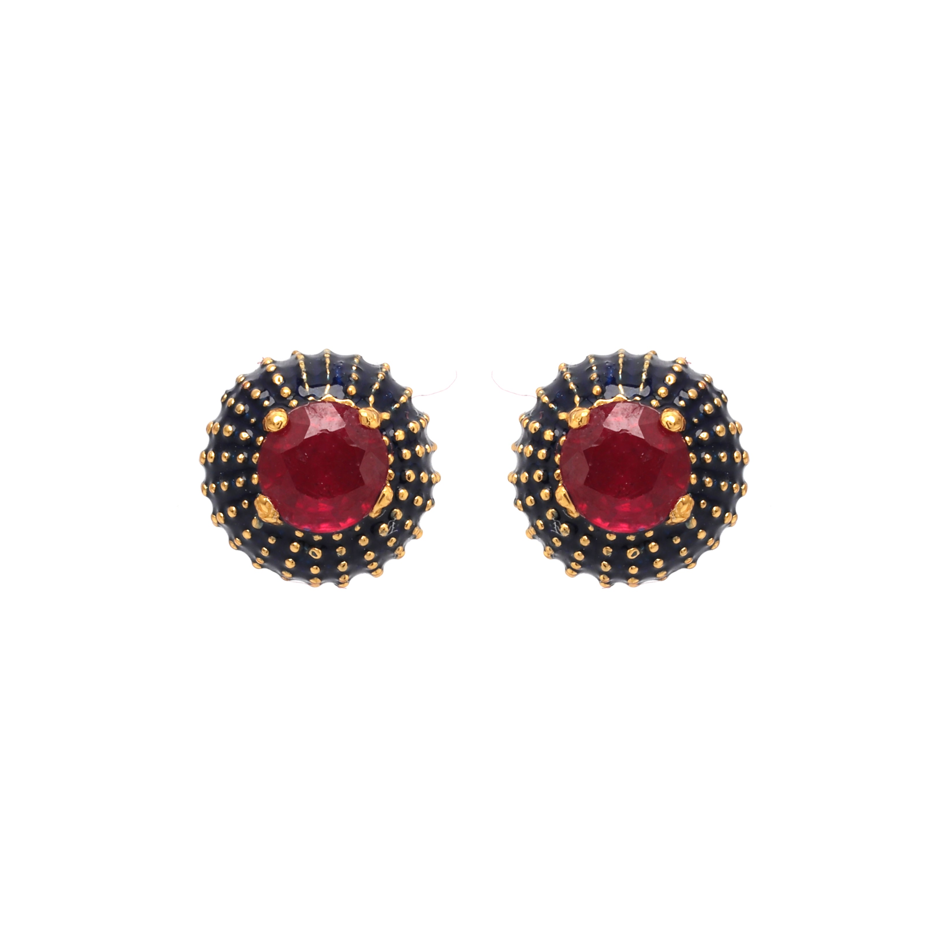 Ruby stud earrings in 14K gold plated sterling silver with black enamel detailing