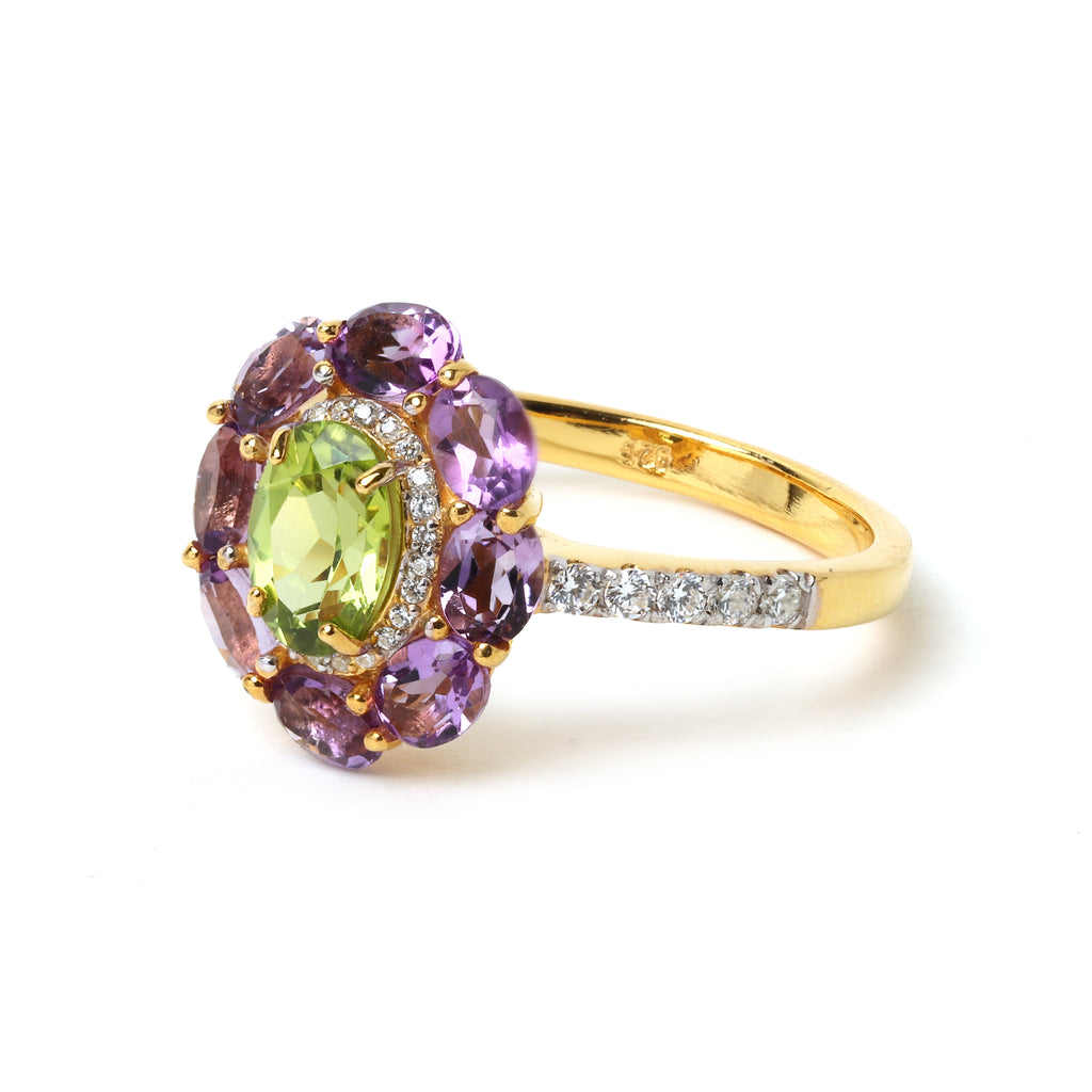 Floral gemstone ring with peridot center and amethyst accents