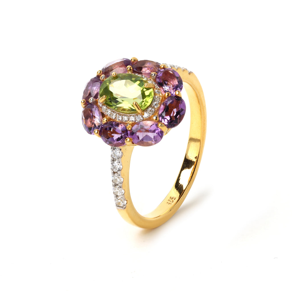Gold plated sterling silver ring featuring natural peridot and amethyst
