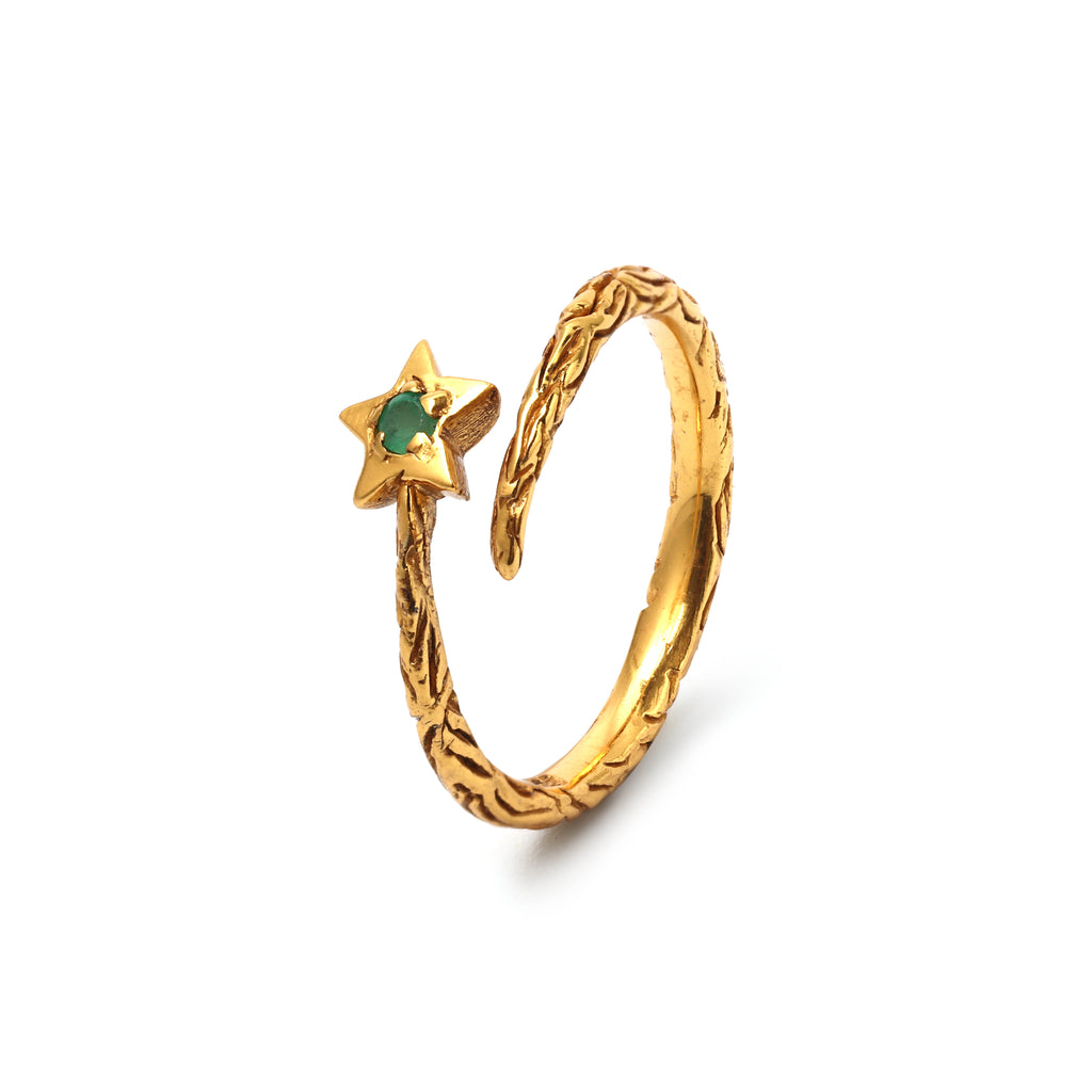 Handcrafted emerald wrap ring featuring a minimalist star motif