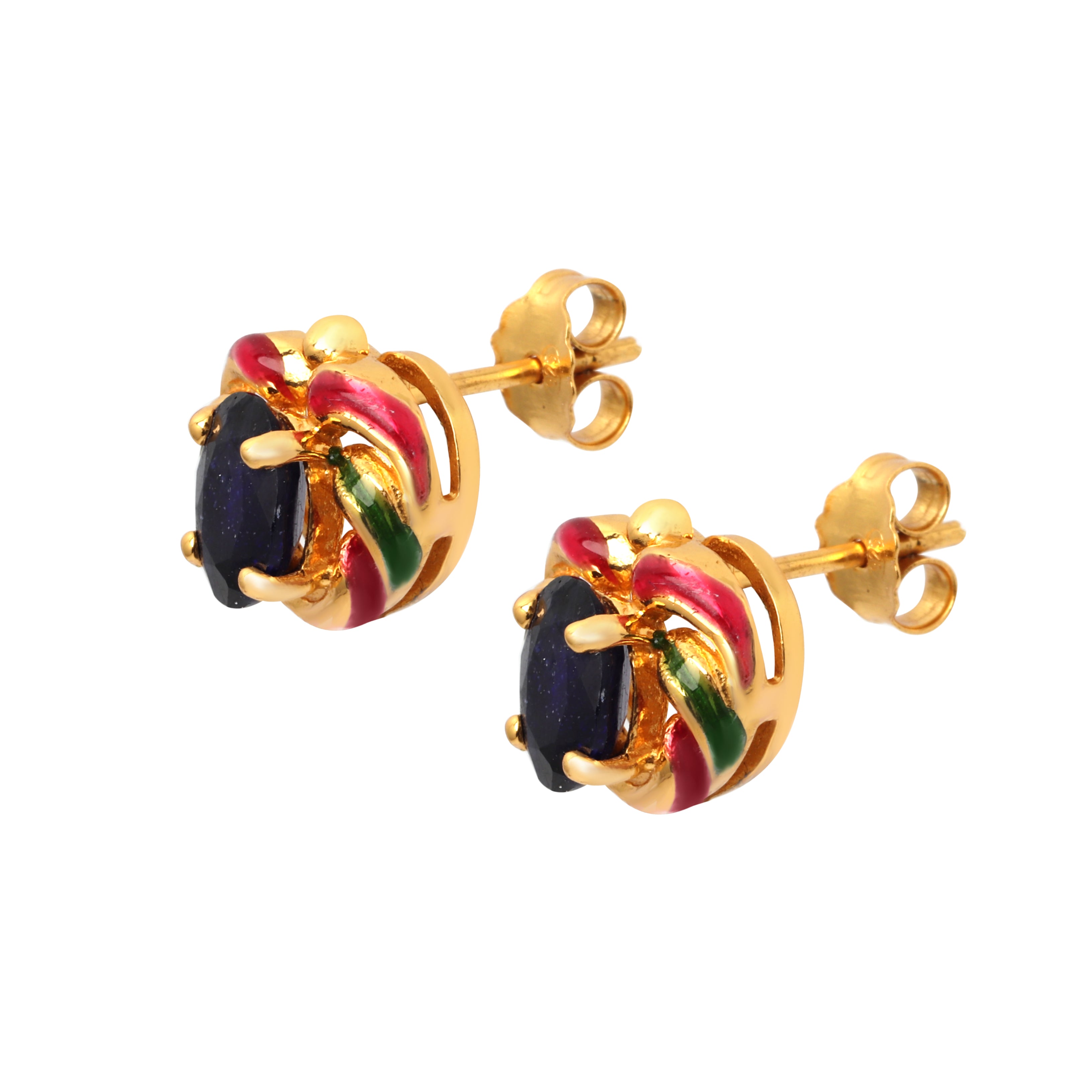 Handcrafted sapphire gemstone earrings with red and green enamel accents