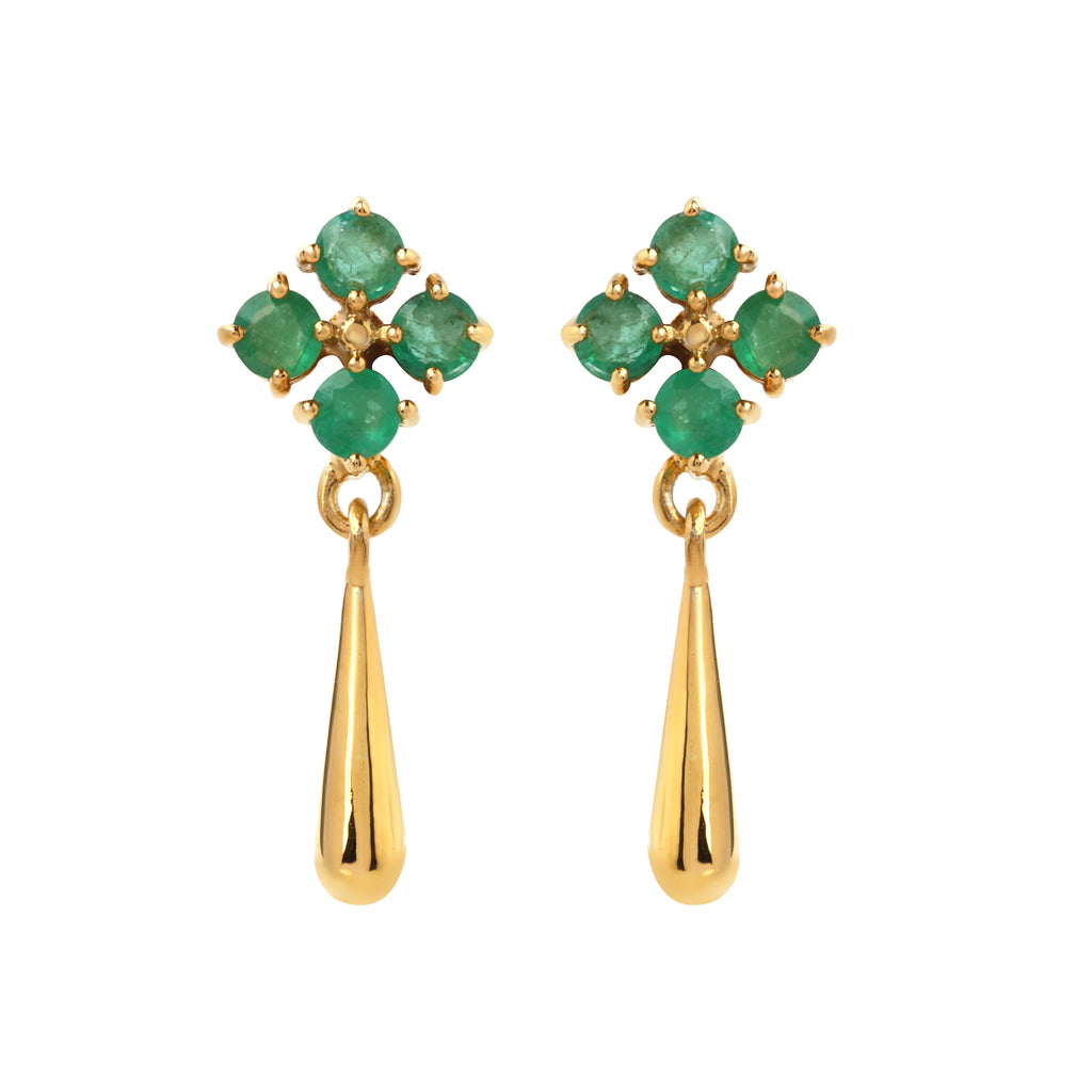 Close-up of emerald drop earrings in 925 sterling silver with gold finish, floral cluster design by Jewelry by Crimson