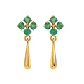 Close-up of emerald drop earrings in 925 sterling silver with gold finish, floral cluster design by Jewelry by Crimson
