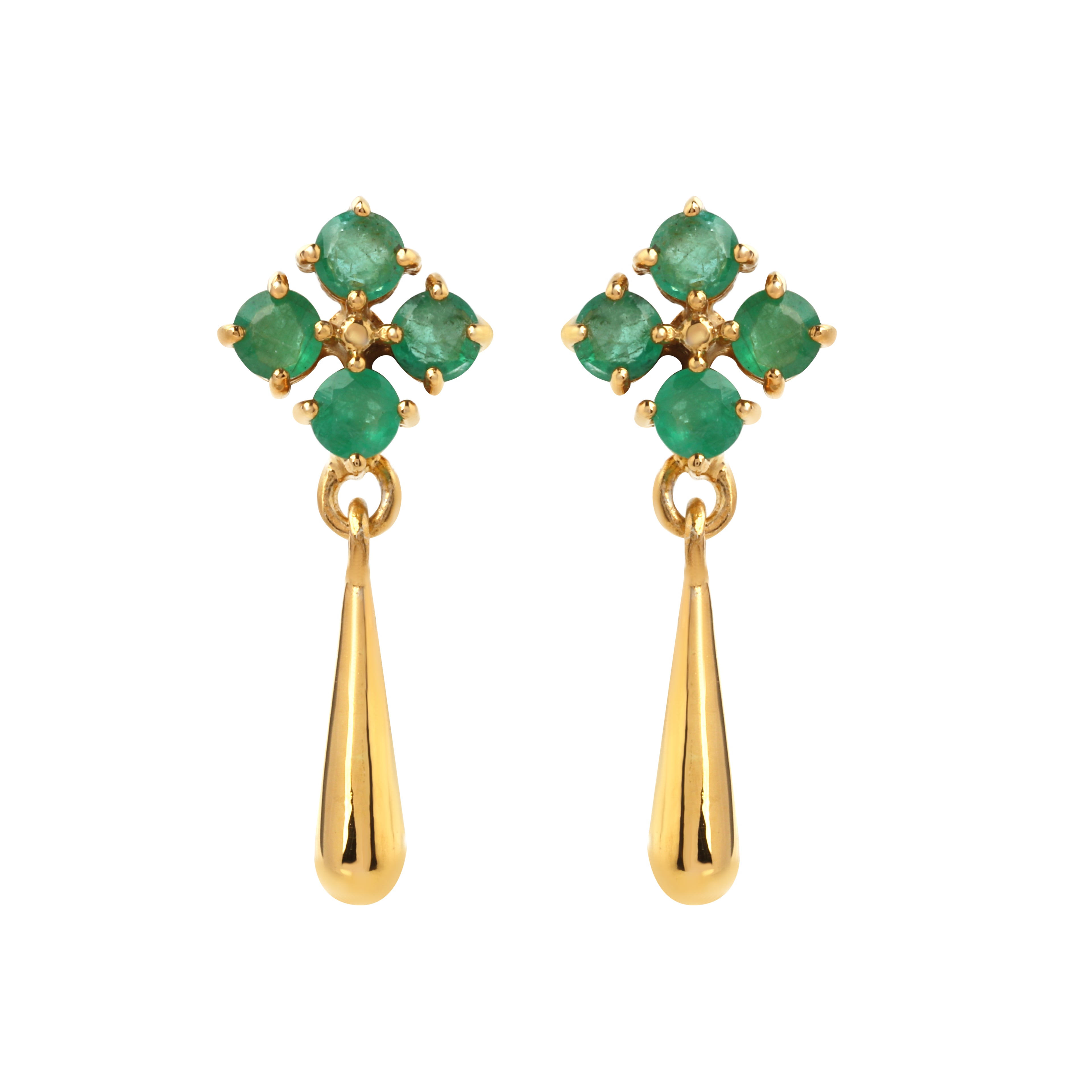 Close-up of emerald drop earrings in 925 sterling silver with gold finish, floral cluster design by Jewelry by Crimson