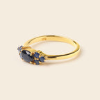 Gold ring with blue gemstones on a white background