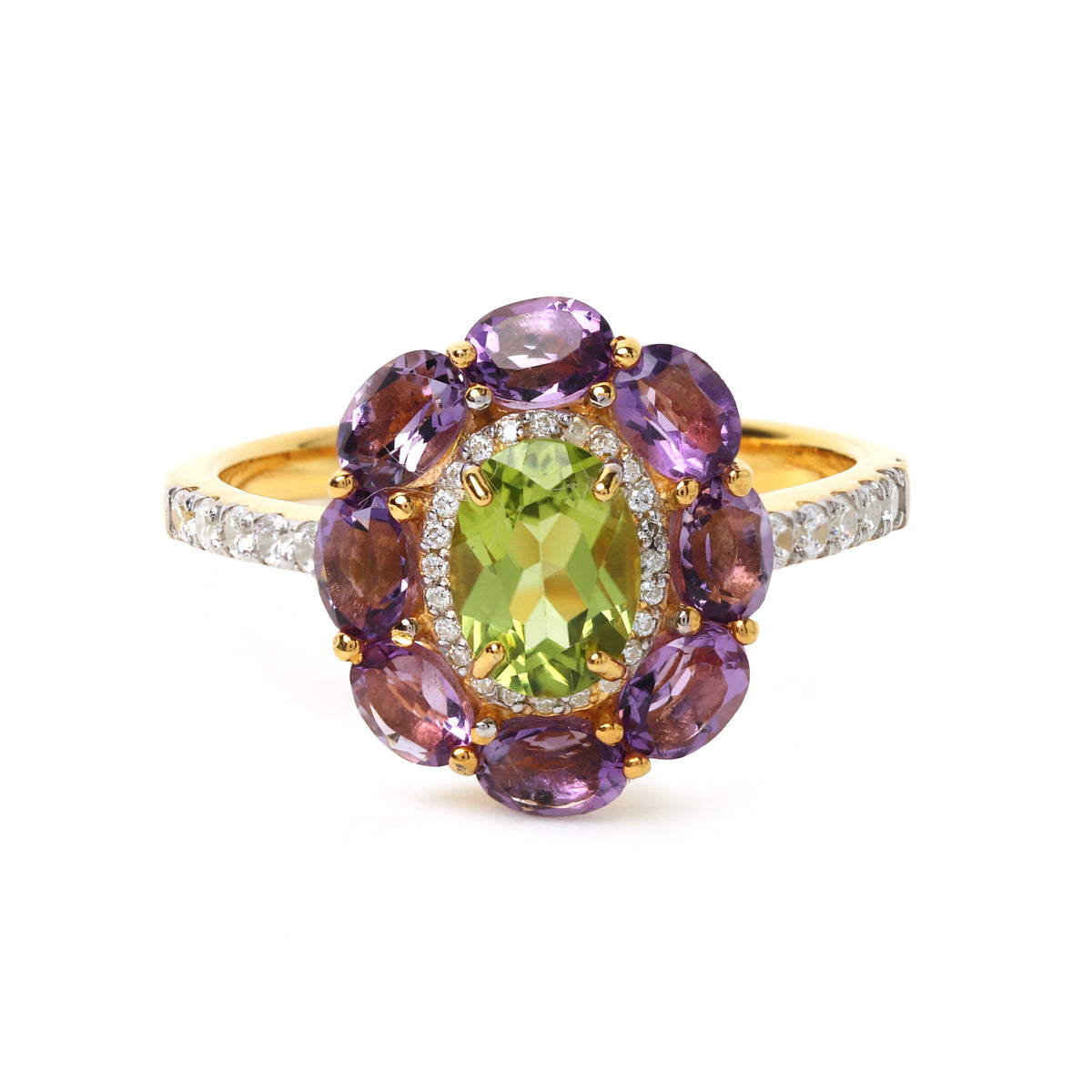 Peridot & Amethyst Halo Ring in 925 Sterling Silver