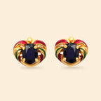 Heart-shaped sapphire stud earrings with red and green enamel, gold-tone setting