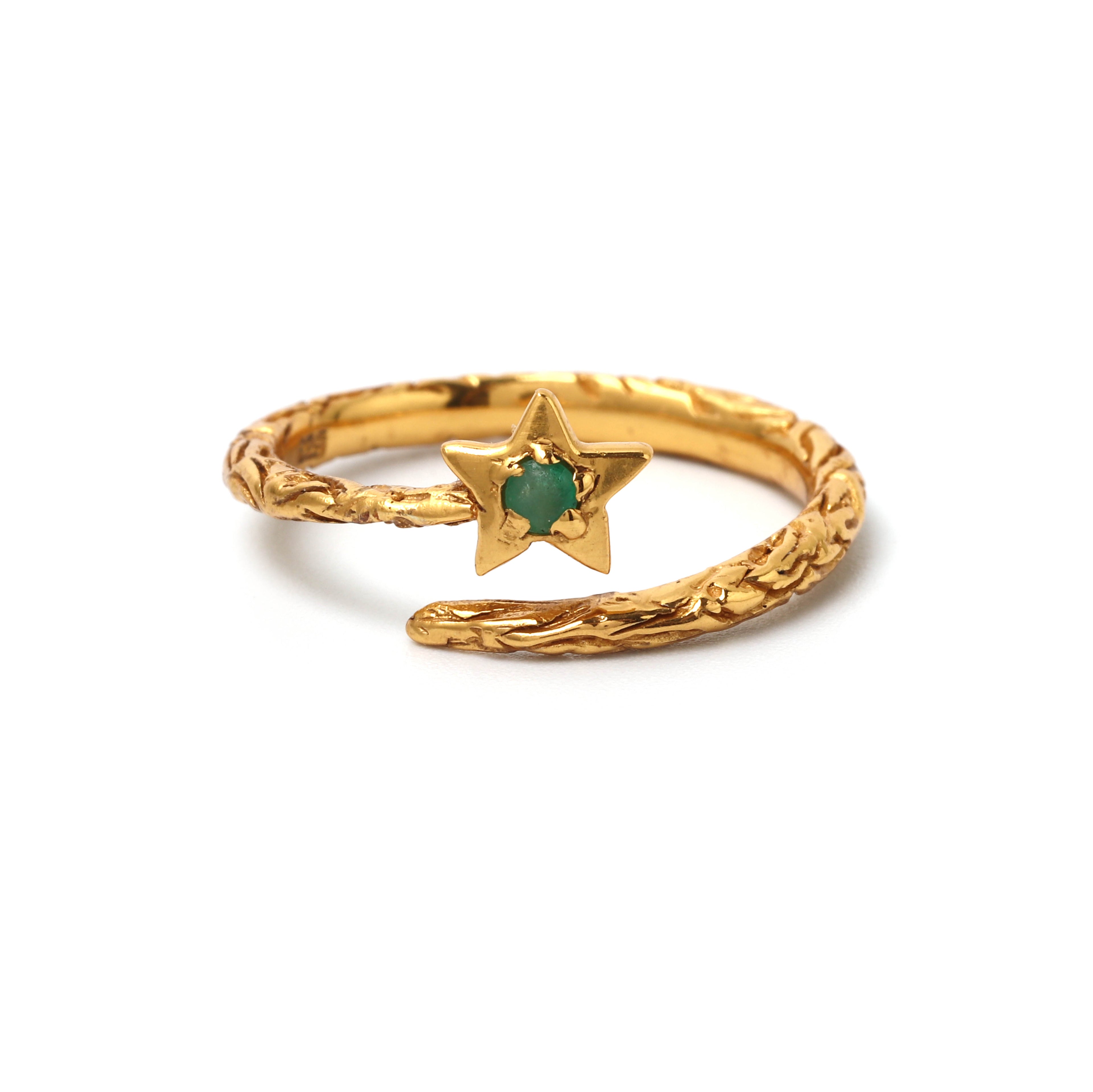 Gold plated emerald star ring in 925 sterling silver with open wrap design